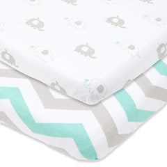 Cotton Jersey Fitted Playard Sheets, 2 Pack – Elephants & Chevron