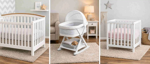 An image showing crib, bassinet, and mini crib