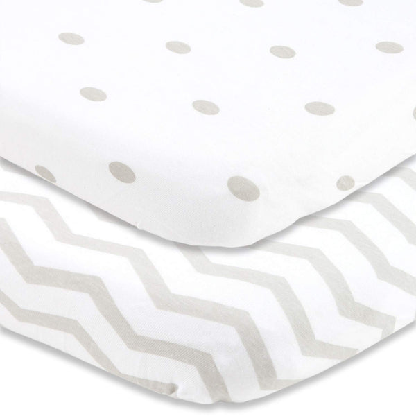 Bassinet Sheets 20x30 Inch for Graco Travel Lite Crib, Sense2Snooze, My View 4 in 1, Dream Suite and Guava Bassinet – (2 Pack) - Grey Dots & Shevron
