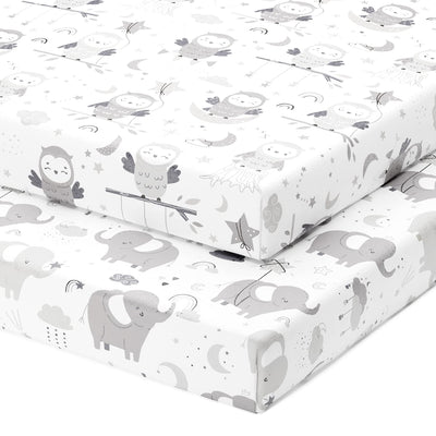Fitted Sheets for Mini Portable Cribs Including Dream on Me, Delta Porta Crib and Arms Reach Ideal Cosleeper (24 x 38 inch) - Grey Elephants and Owls (2 Pack)