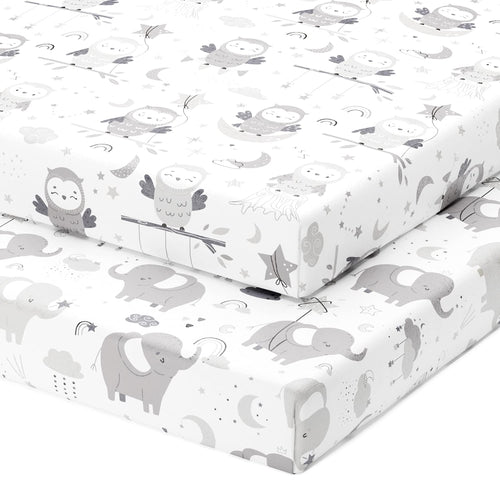 Fitted Sheets for Mini Portable Cribs Including Dream on Me, Delta Porta Crib and Arms Reach Ideal Cosleeper (24 x 38 inch) - Grey Elephants and Owls (2 Pack)