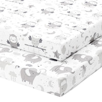 Fitted Sheets for Mini Portable Cribs Including Dream on Me, Delta Porta Crib and Arms Reach Ideal Cosleeper (24 x 38 inch) - Grey Elephants and Owls (2 Pack)