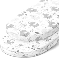 Moses Basket Fitted Sheets for (11 x 29 Inch) Oval Bassinet Mattress – Grey Owls and Elephants (2 Pack)