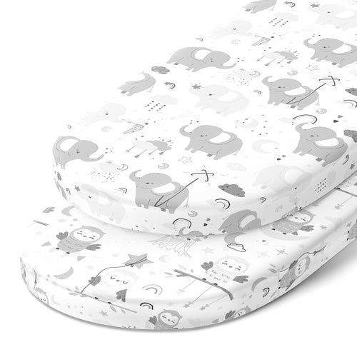 Fitted Sheets for HALO BassiNest Swivel Sleeper Mattress (18 x 30 inch)  – (2 Pack) - Grey Elephant and Owl