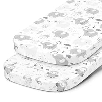 Bedside Sleeper Bassinet Sheets for 33x20 Inch Mattress Pad – Compatible with Maxi COSI Iora, Kidsclub, Angelbliss, Baby Joy, Koola Baby Bedside Bassinet - Elephants and Grey Owls (2 Pack)