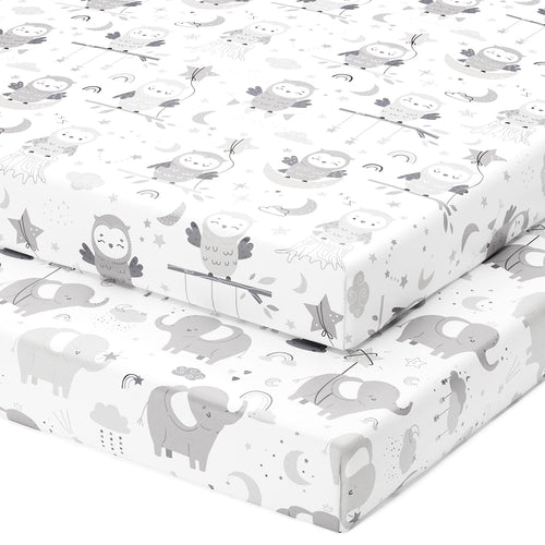 Cotton Jersey Fitted Sheets for Standard Cribs and Toddler Beds (28 x 52 inch)  – Grey White Elephant, Star, Cloud, Moon, Owl (2 Pack)