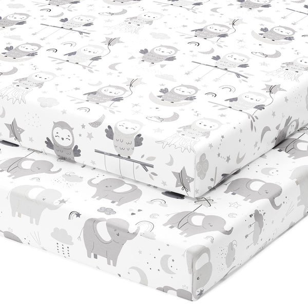 Fitted Sheets for 28 x 52 Standard Crib Mattress and Toddler Bed – Grey White Elephant, Star, Cloud, Moon, Owl (2 Pack)