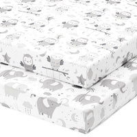 Cotton Jersey Fitted Sheets for Standard Cribs and Toddler Beds (28 x 52 inch)  – Grey White Elephant, Star, Cloud, Moon, Owl (2 Pack)