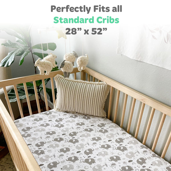 Fitted Sheets for 28 x 52 Standard Crib Mattress and Toddler Bed – Grey White Elephant, Star, Cloud, Moon, Owl (2 Pack)