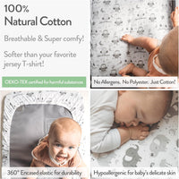 Moses Basket Fitted Sheets for (11 x 29 Inch) Oval Bassinet Mattress – Grey Owls and Elephants (2 Pack)