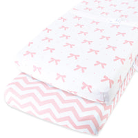 Cotton Jersey Changing Pad Covers (16 x 32 inch) - Pink Bows & Chevron (2 Pack)