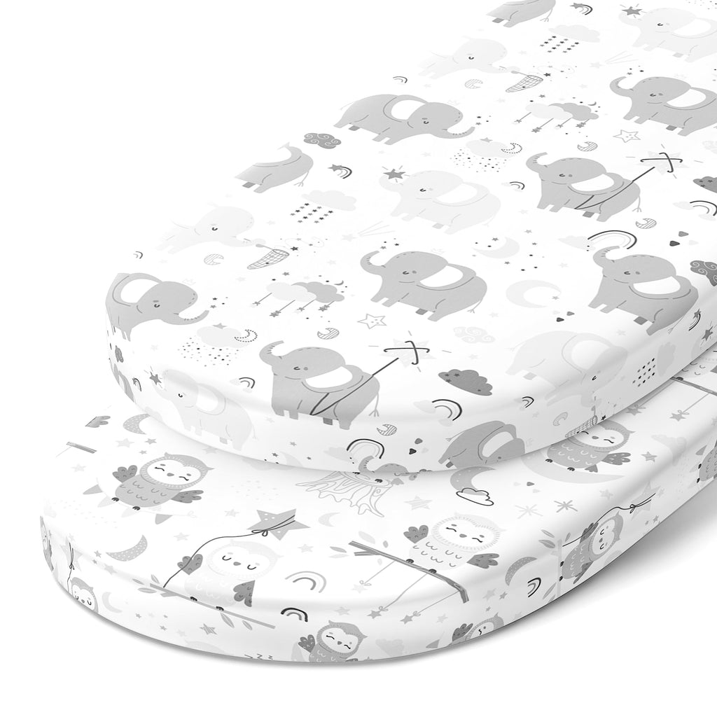 pack of 2 moses basket sheets in oval shape in size 12" x 29" with owls and elephants pattern in grey color on white background