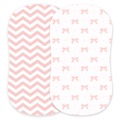 Fitted Sheets for Oval Bassinets (15 x 33 inch) - Pink Bows and Chevrons (2 Pack)