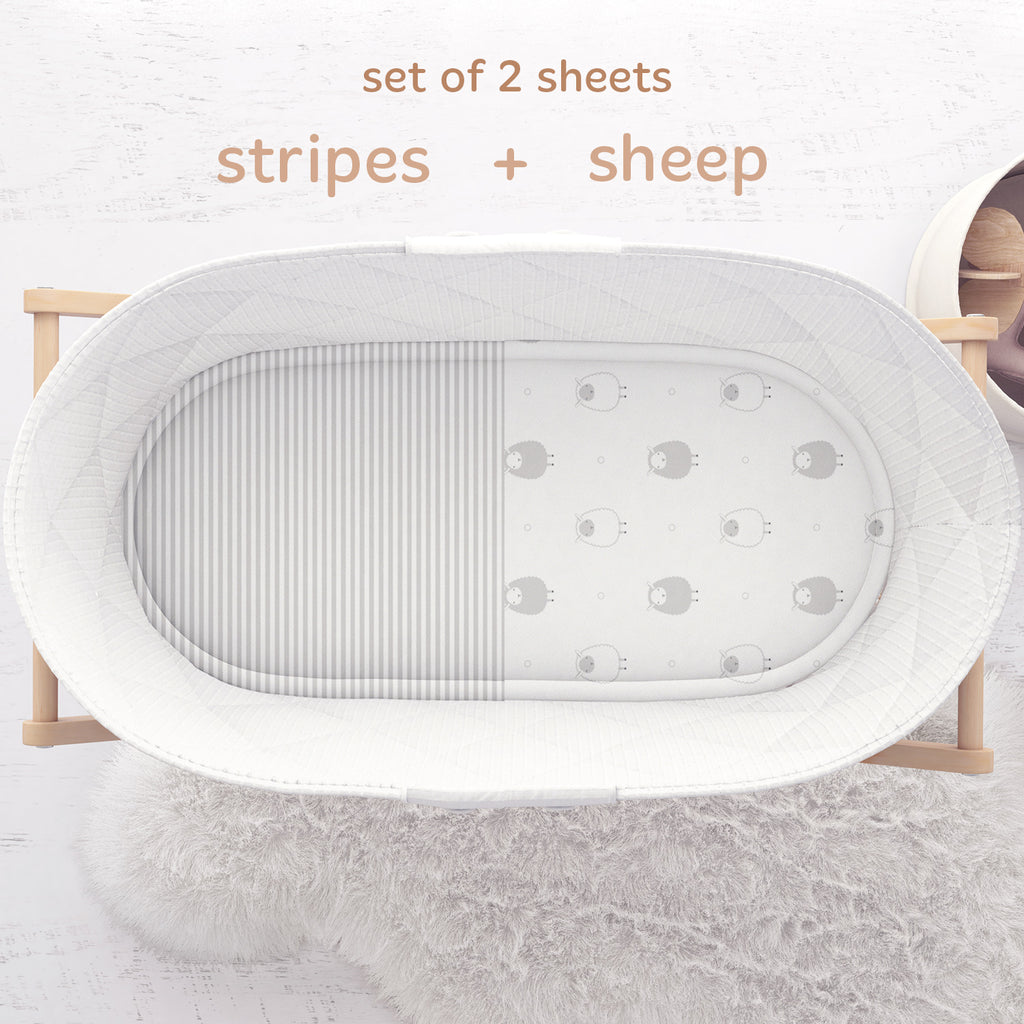 Cotton Jersey Bassinet Fitted Sheets, 2 Pack – Stripes & Lamb