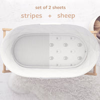 Fitted Sheets for Oval Bassinets (15 x 33 inch) - Stripes & Lamb (2 Pack)