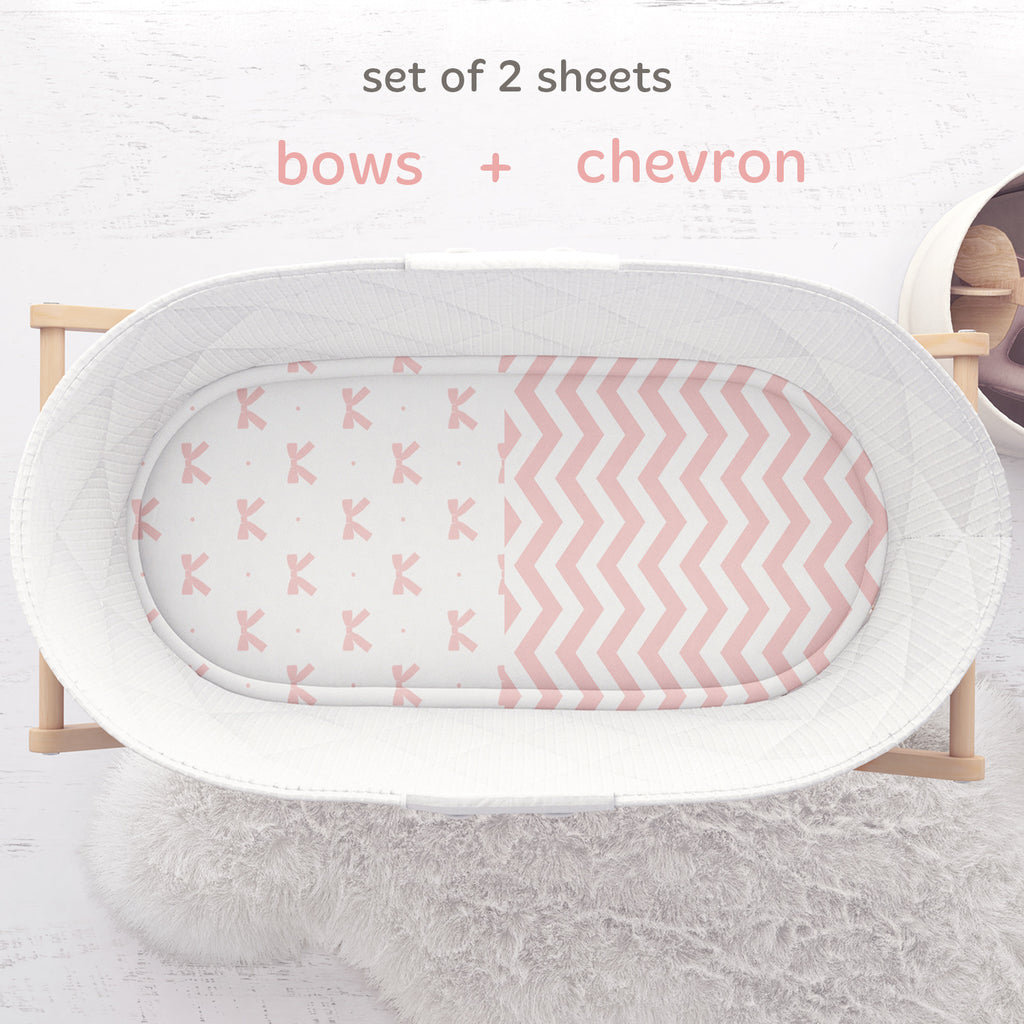 Cotton Jersey Bassinet Fitted Sheets, 2 Pack – Bows & Chevron