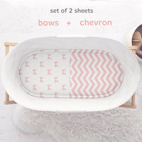 Fitted Sheets for Oval Bassinets (15 x 33 inch) - Pink Bows and Chevrons (2 Pack)
