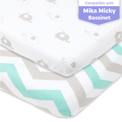 Fitted Sheets for Mika Micky Bedside Sleeper Bassinet (19 x 32 inch) - Grey Elephants and Chevrons (2 Pack)