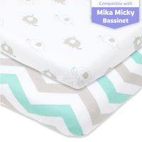 Fitted Sheets for Cowiewie Bedside Sleeper Bassinet (19 x 32 inch) - Grey Elephants and Chevrons (2 Pack)