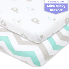 Cotton Jersey Bedside Sleeper Fitted Sheets, 2 Pack – Elephants & Chevron