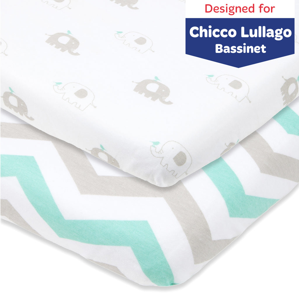 Cotton Jersey Bassinet Fitted Sheets, 2 Pack – Elephants & Chevron