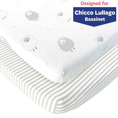 Fitted Sheets for Chicco Lullago Bassinets (19 x 32 inch) – Stripes & Lamb (2 Pack)