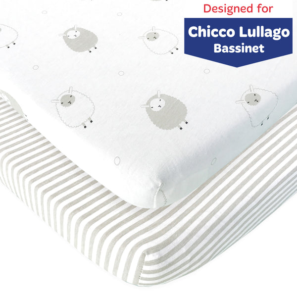 Cotton Jersey Bassinet Fitted Sheets, 2 Pack – Stripes & Lamb
