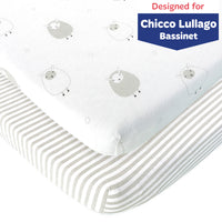 Fitted Sheets for Chicco Lullago Bassinets (19 x 32 inch) – Stripes & Lamb (2 Pack)