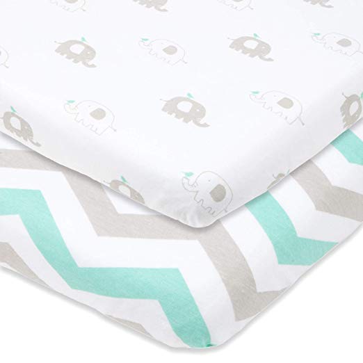 Cotton Jersey Fitted Playard Sheets, 2 Pack Elephants & Chevron