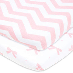 Cotton Jersey Fitted Playard Sheets, 2 Pack – Bows & Chevron