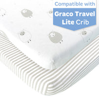 Fitted Sheets for Graco Travel Lite Crib (20 x 30 inch) - Stripes and Lamb (2 Pack)