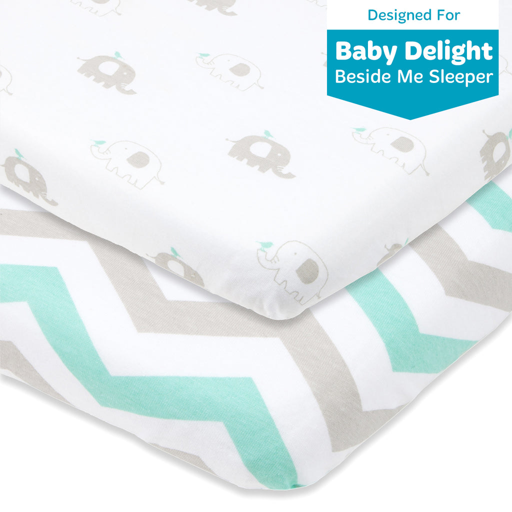 Bassinet Fitted Sheets For 21 x 33" Bedside Sleeper – Snuggly Soft Jersey Cotton – Grey, Mint – 2 Pack