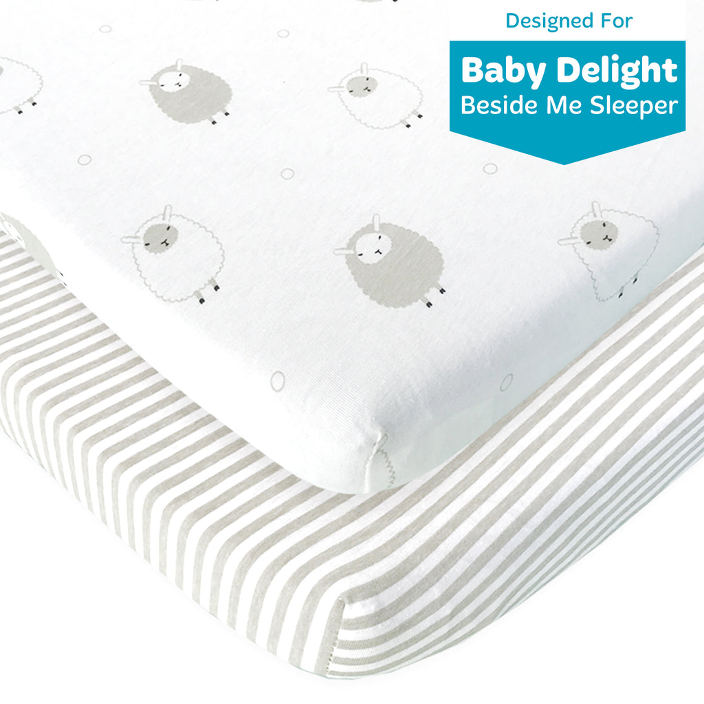 Bassinet Fitted Sheets For 21 x 33" Bedside Sleeper – Snuggly Soft Jersey Cotton – Grey Sheep, Stripes – 2 Pack