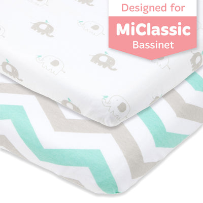 Fitted Sheets for MiClassic All mesh 2in1 Stationary & Rock Bassinet (21 x 36 inch) - Grey Elephants and Chevrons (2 Pack)