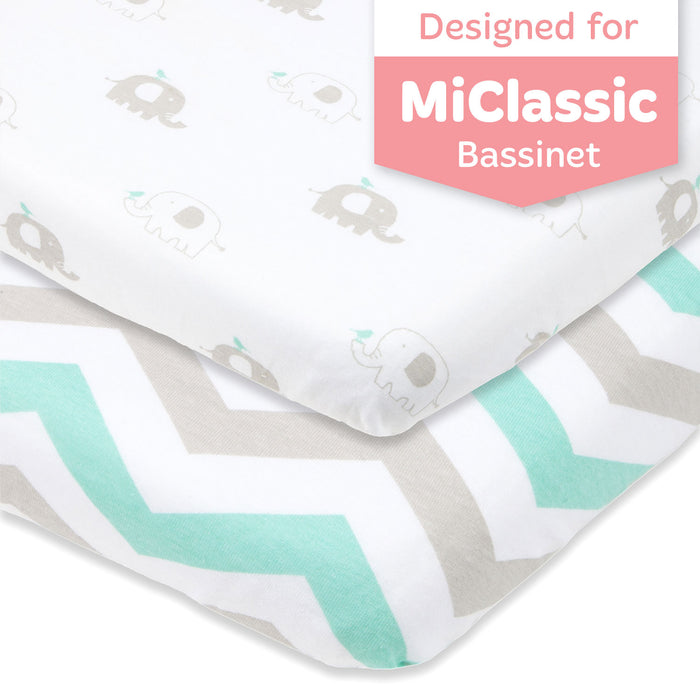 Fitted Sheets for MiClassic All mesh 2in1 Stationary & Rock Bassinet (21 x 36 inch) – (2 Pack) - Grey Elephants and Chevrons