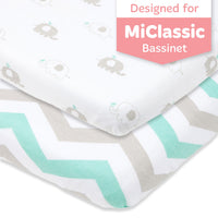 Fitted Sheets for MiClassic All mesh 2in1 Stationary & Rock Bassinet (21 x 36 inch) - Grey Elephants and Chevrons (2 Pack)