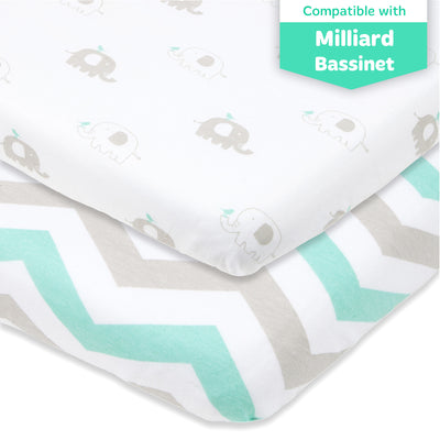Fitted Sheets for Milliard Side Sleeper Bedside Bassinet (21 x 36 Inch) Grey Elephants and Chevrons (2 Pack)