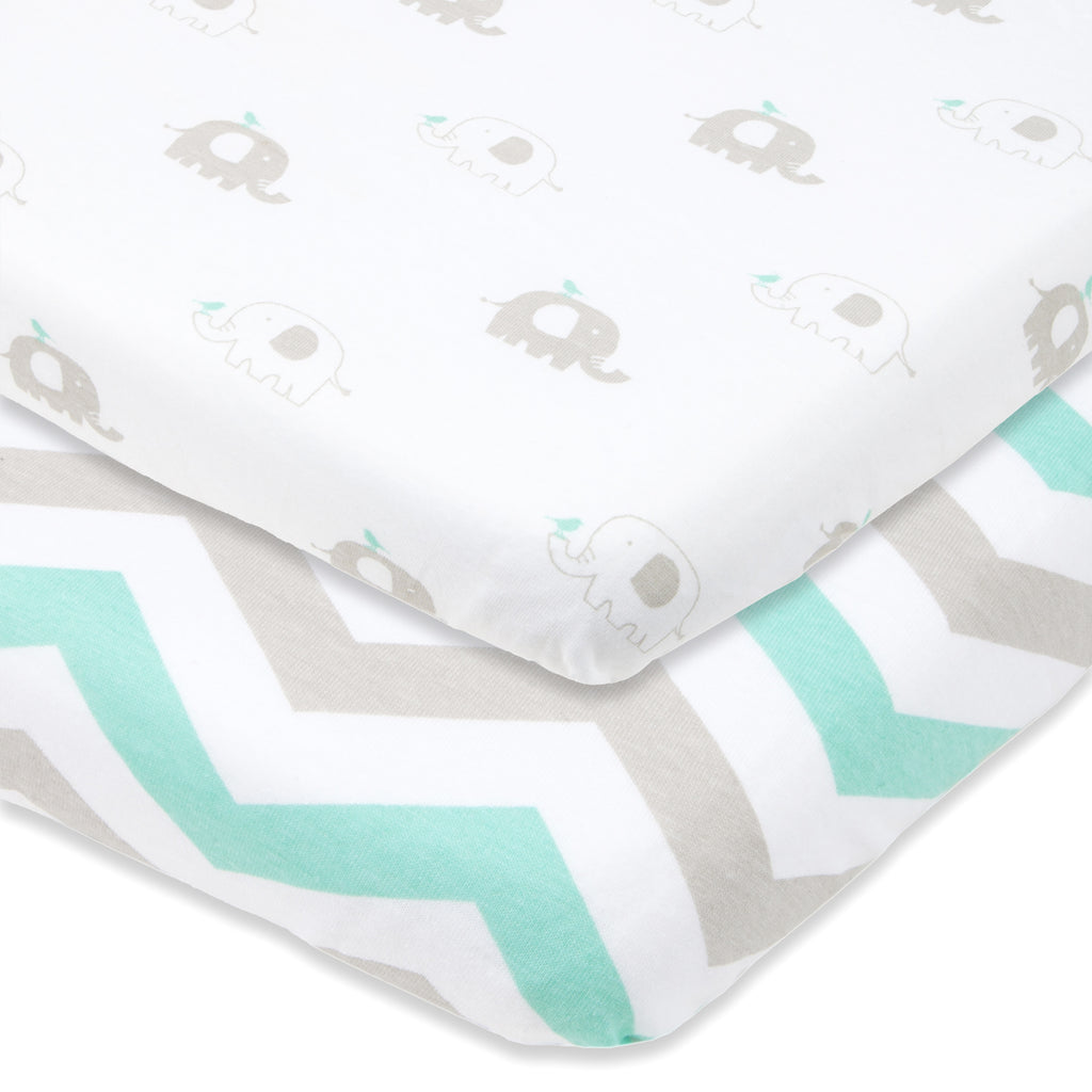 Cotton Jersey Cradle / Co Sleeper Fitted Sheets, 2 Pack – Elephants & Chevron