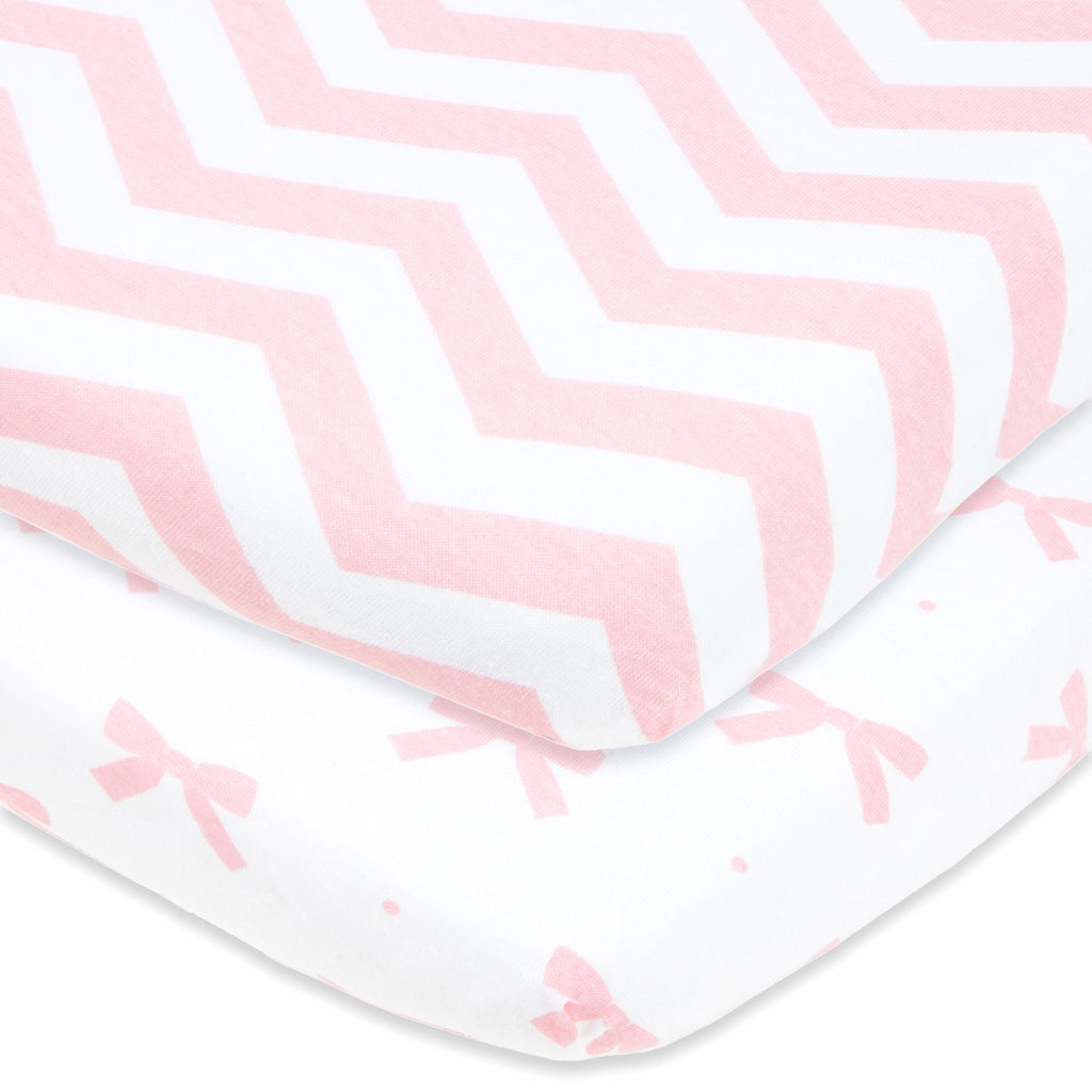 Cotton Jersey Cradle / Co Sleeper Fitted Sheets, 2 Pack – Bows & Chevron