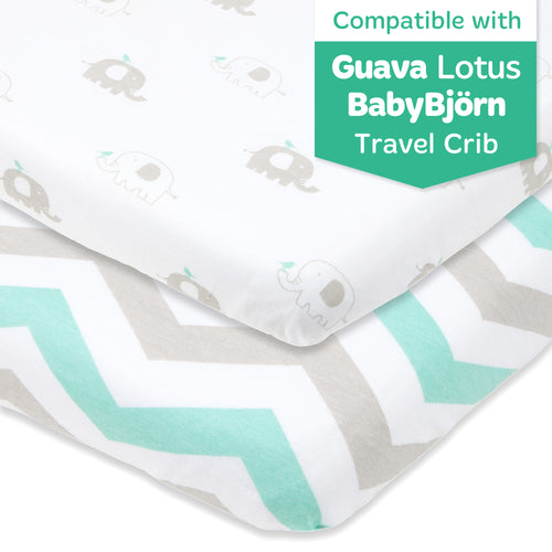 Fitted Sheets for Travel Cribs like Baby Bjorn, Guava Lotus and Dream On Me (24 x 42 inch) - Grey Elephants and Chevrons (2 Pack)