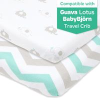 Fitted Sheets for Travel Cribs like Baby Bjorn, Guava Lotus and Dream On Me (24 x 42 inch) - Grey Elephants and Chevrons (2 Pack)