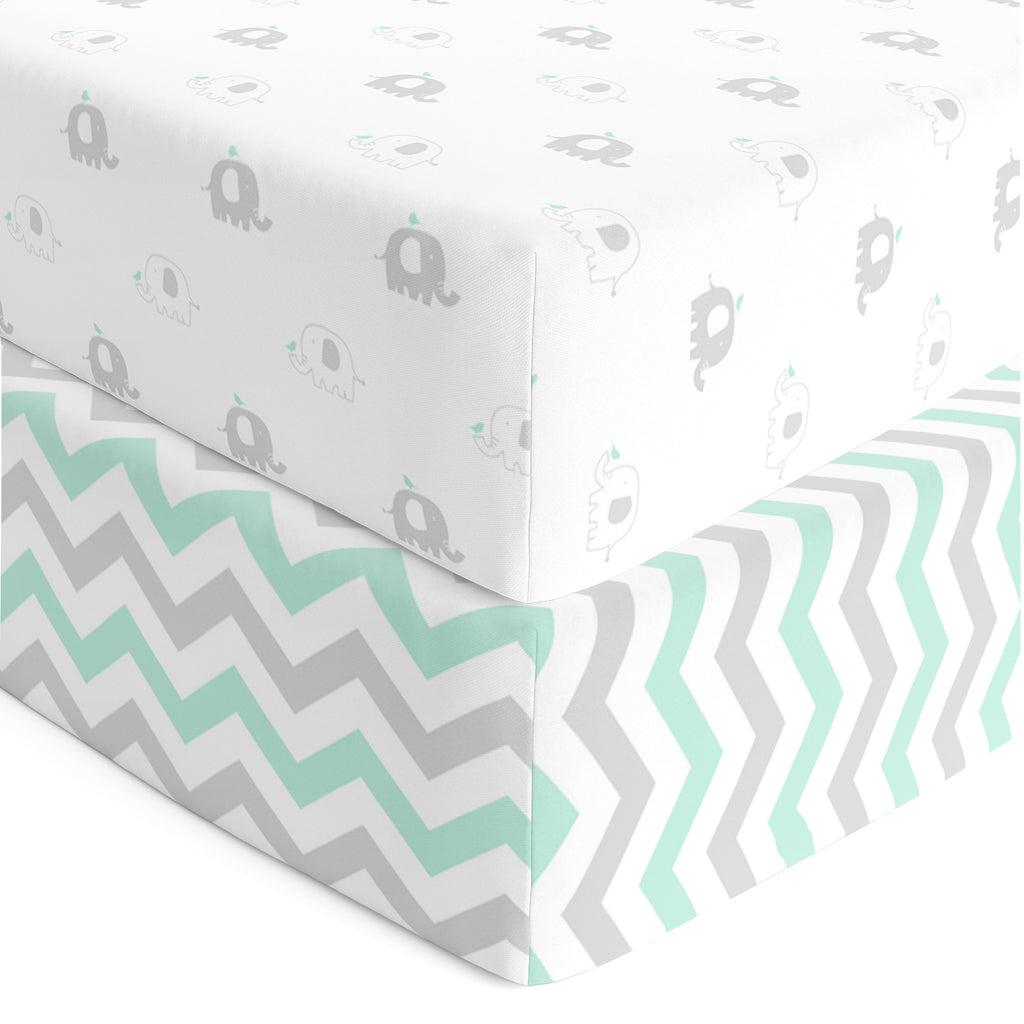 Fitted Crib Sheets Set – 2 Pack – Jersey Cotton Crib Mattress Sheets for Baby Boy, Girl Crib – Grey, Mint Green Elephant, Chveron Toddler Bed Sheets – Fits on Standard 28 x 52 Mattress …