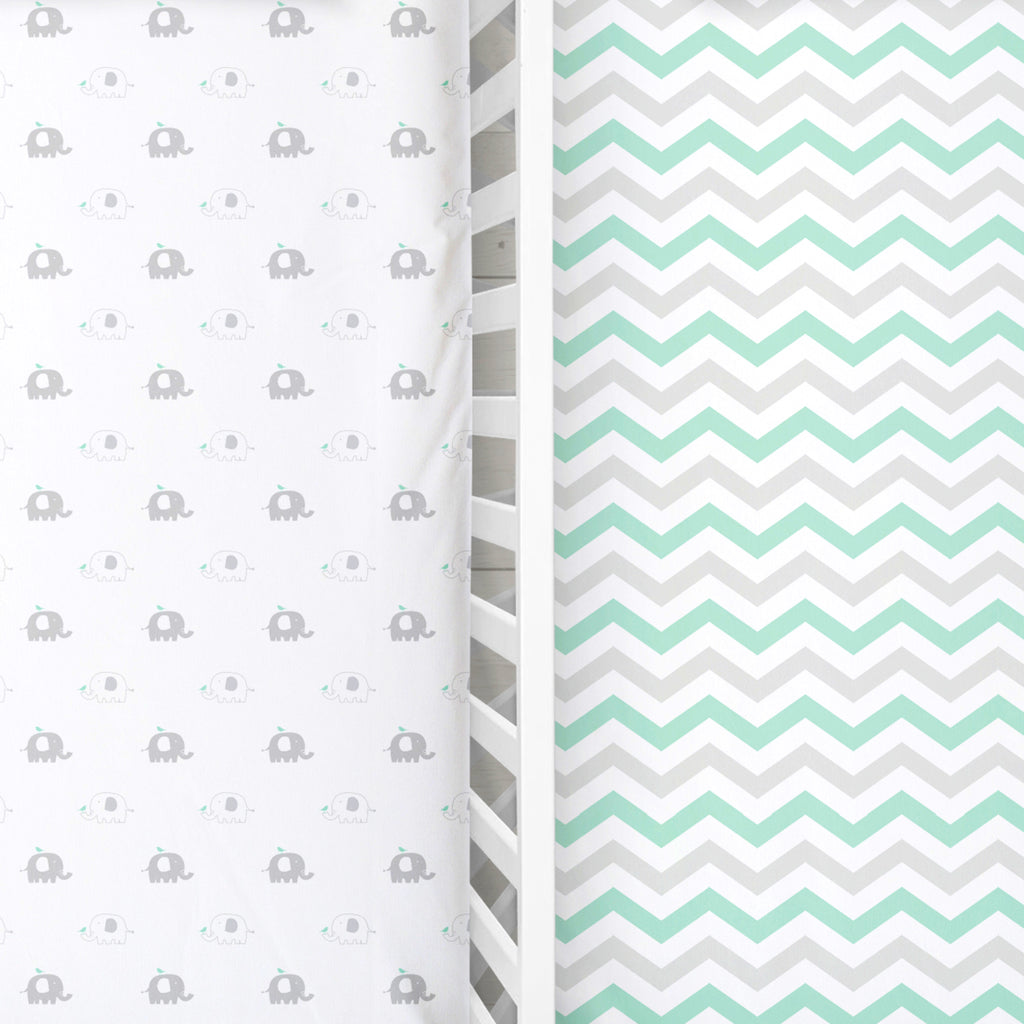 Fitted Crib Sheets Set – 2 Pack – Jersey Cotton Crib Mattress Sheets for Baby Boy, Girl Crib – Grey, Mint Green Elephant, Chveron Toddler Bed Sheets – Fits on Standard 28 x 52 Mattress …