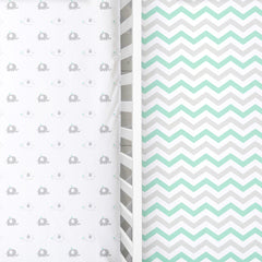 Fitted Crib Sheets Set – 2 Pack – Jersey Cotton Crib Mattress Sheets for Baby Boy, Girl Crib – Grey, Mint Green Elephant, Chveron Toddler Bed Sheets – Fits on Standard 28 x 52 Mattress …