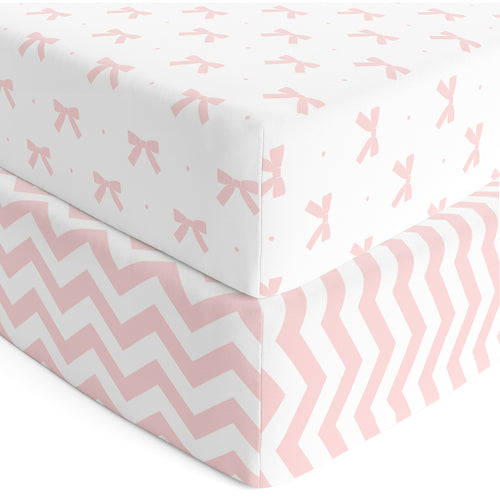 Cotton Jersey Fitted Sheets for Standard Cribs and Toddler Beds (28 x 52 inch) – Pink Bows & Chevron (2 Pack)