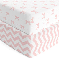 Cotton Jersey Fitted Sheets for Standard Cribs and Toddler Beds (28 x 52 inch) – Pink Bows & Chevron (2 Pack)