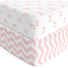 Cotton Jersey Fitted Crib Sheets – 2 Pack – Bows & Chevron
