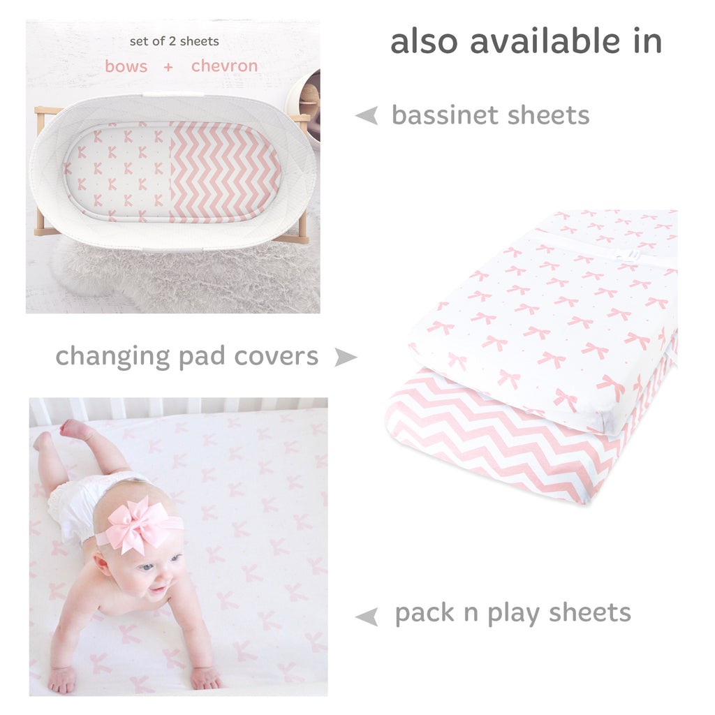 Cotton Jersey Fitted Crib Sheets – 2 Pack – Bows & Chevron