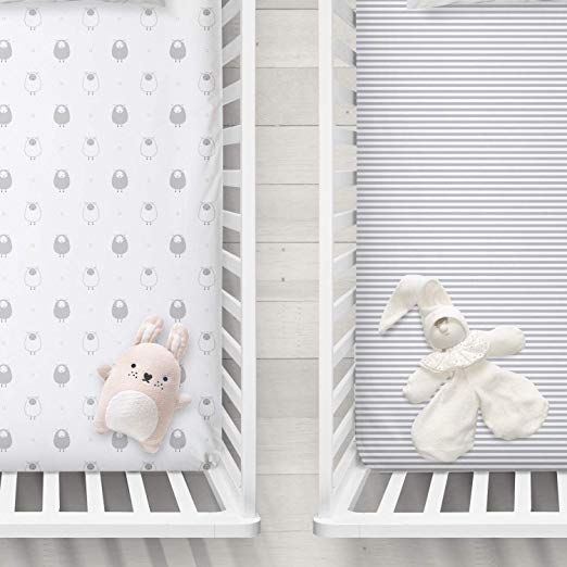 Fitted Crib Sheets Set – 2 Pack – Jersey Cotton Crib Mattress Sheets for Baby Boy, Girl Crib – Grey Stripes, Sheep Toddler Bed Sheets – Fits on Standard 28 x 52