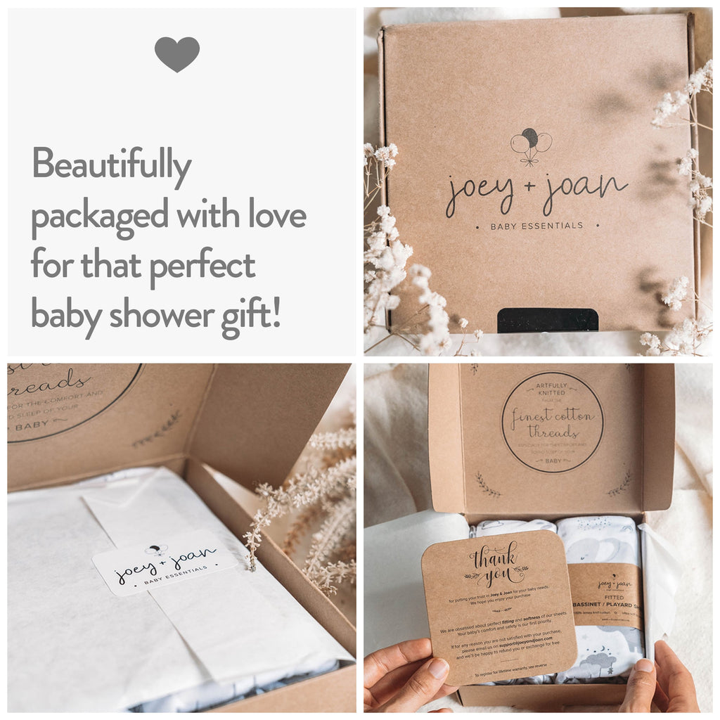 joey and joan moses basket sheets in premium packaging perfect for gifting on baby shower